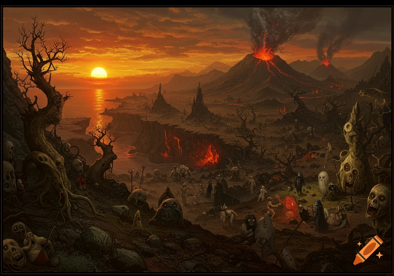 A dark fantasy landscape at sunset with erupting volcanoes, lava flows, dead trees, and grotesque, ghostly figures roaming barren terrain.