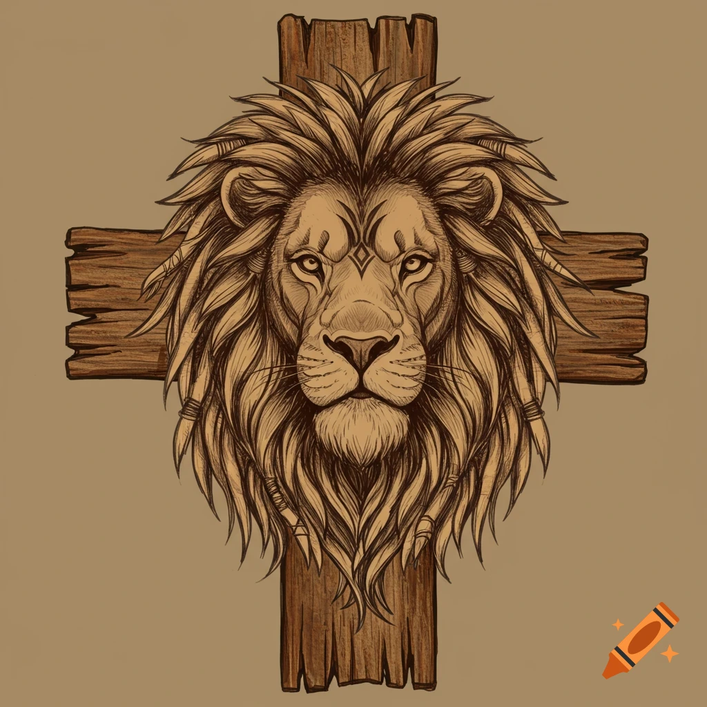 A tribal lion head with dreadlocks centered on a rustic wooden cross, drawn in a handmade tattoo style.