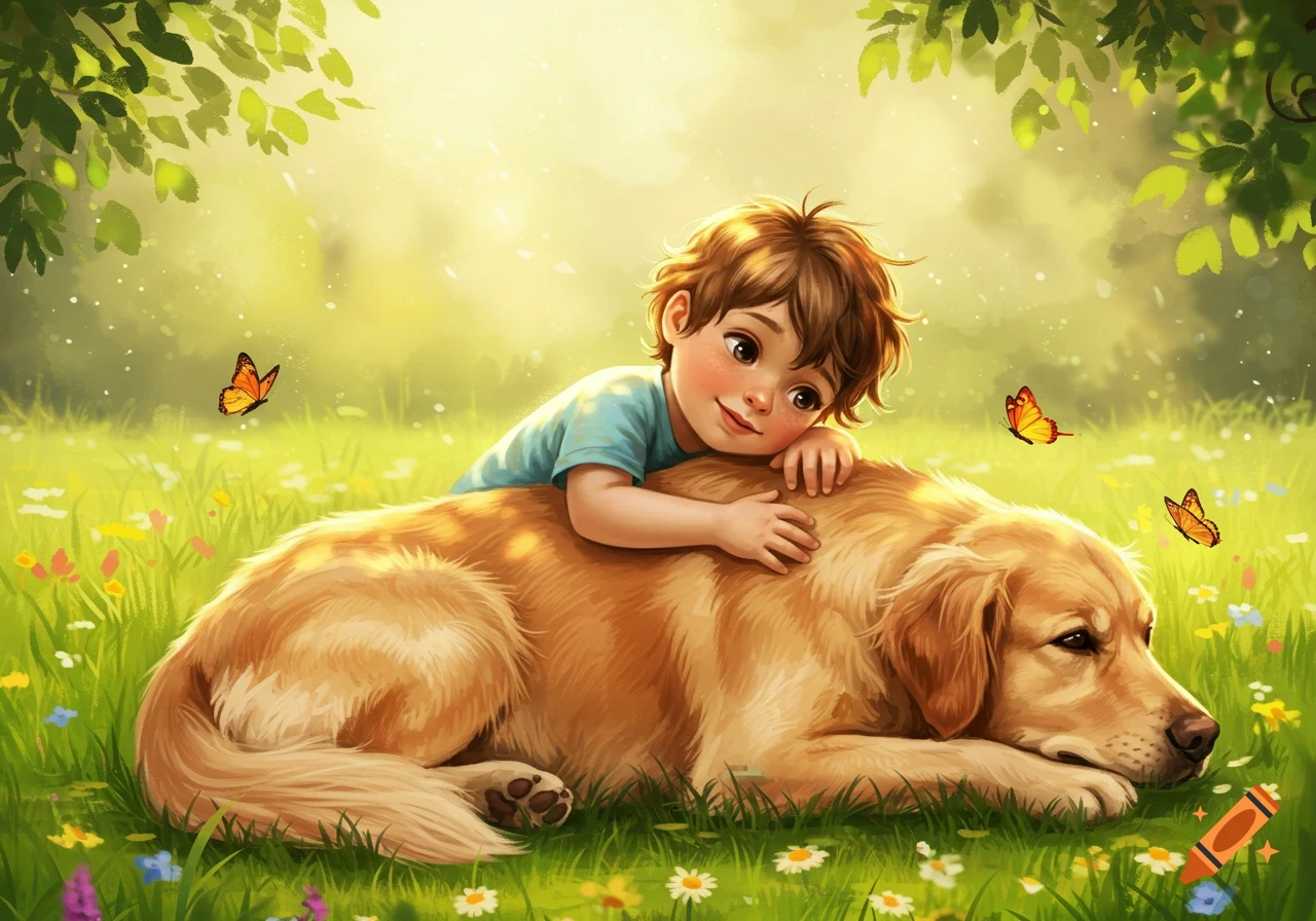 An illustration of a young boy lying on the back of a golden retriever in a sunny field with wildflowers and butterflies.