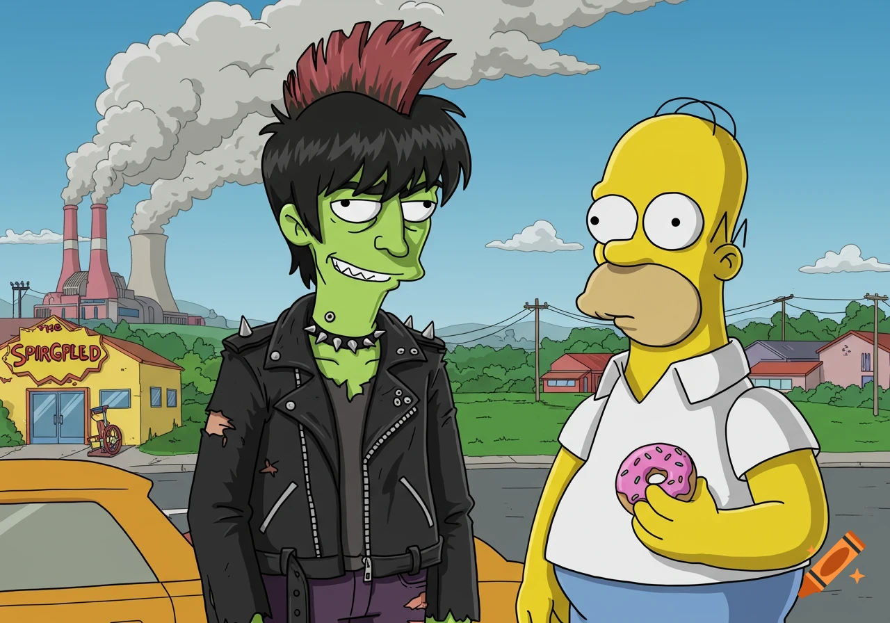 Homer Simpson holds a donut next to a green-skinned punk rocker with a mohawk in a Simpsons art style suburban setting.
