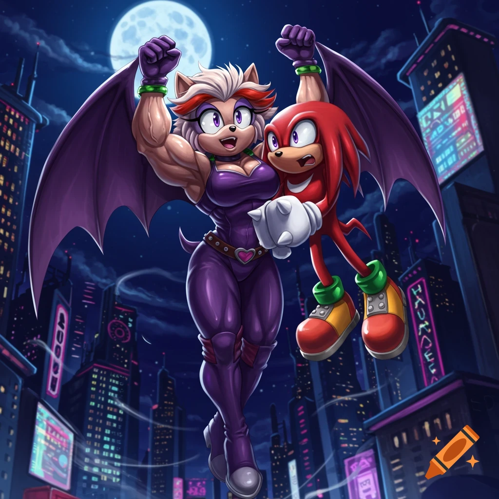 Buff Rouge the Bat, with large purple wings, flexes while holding a surprised Knuckles the Echidna in a neon-lit city at night.