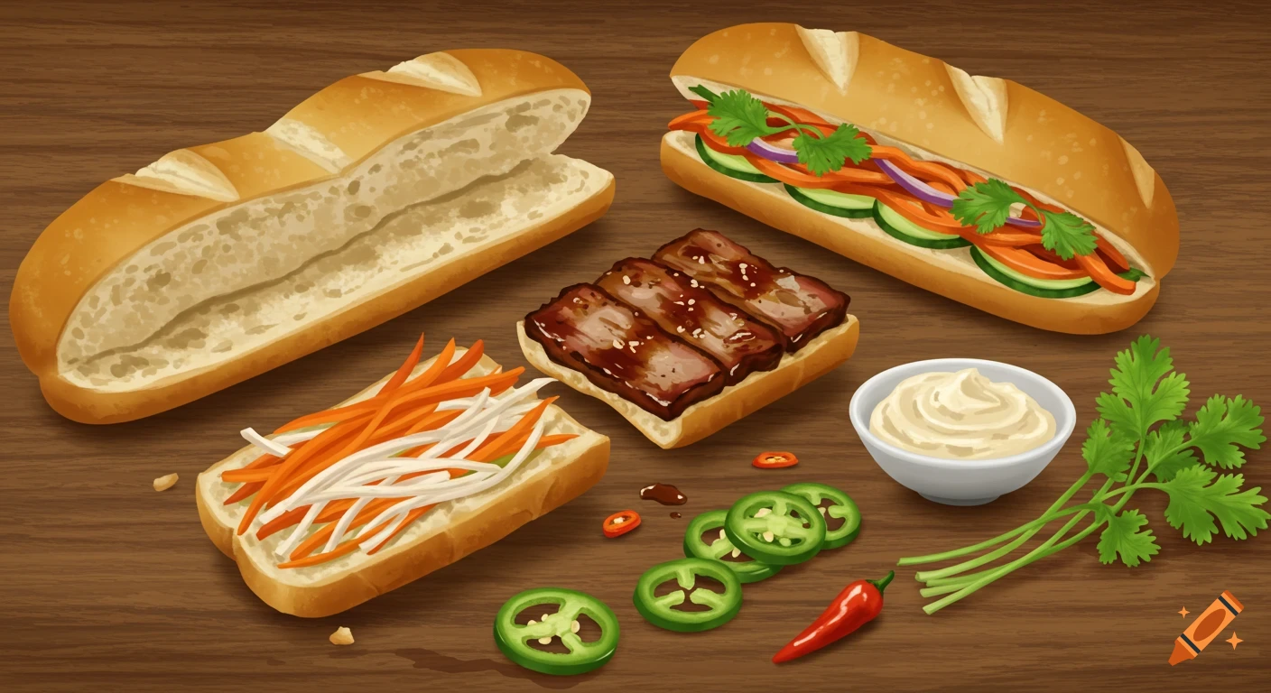 An overhead illustration of banh mi sandwich components separated on a wooden table, featuring bread, grilled meat, pickled vegetables, and fresh herbs.