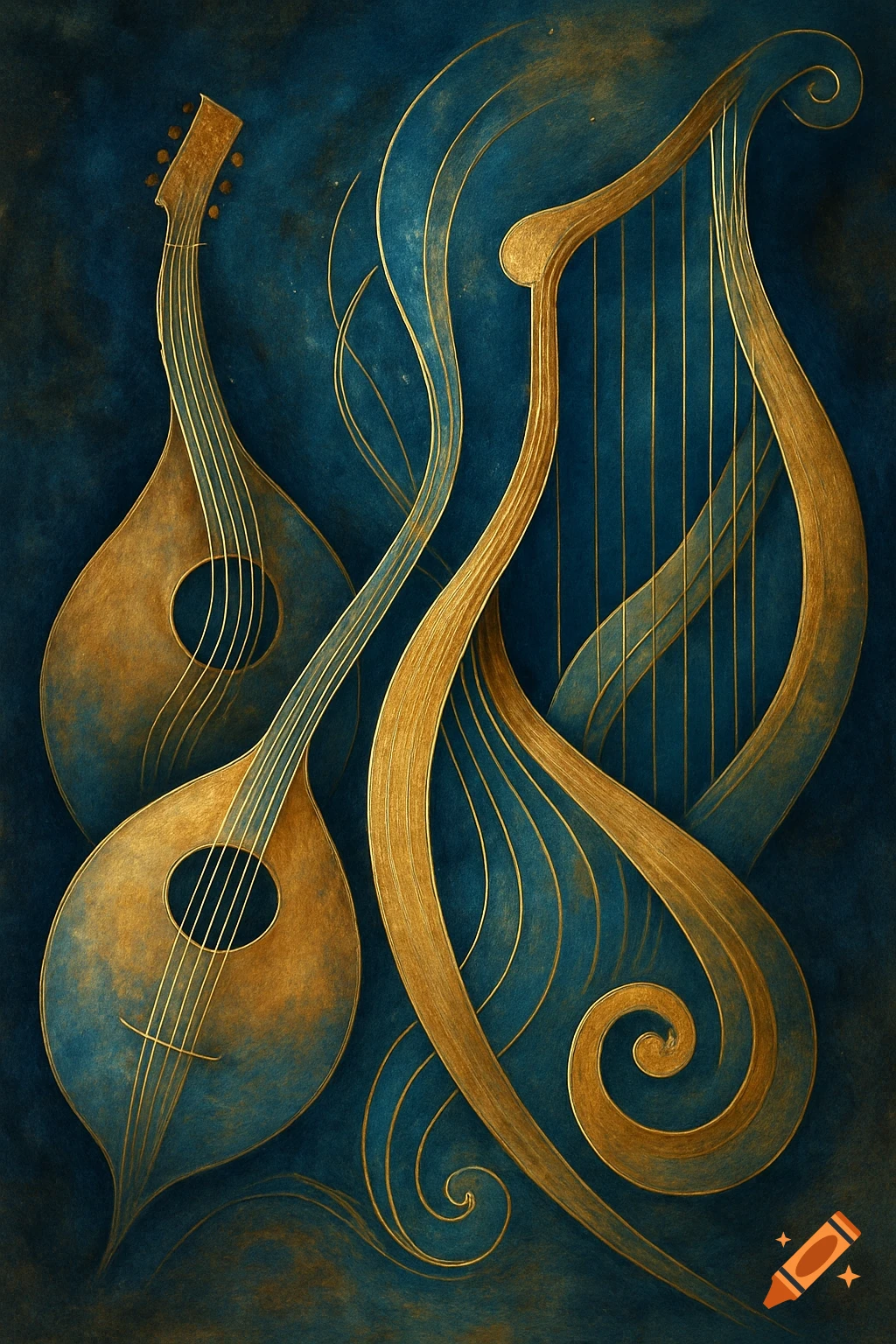 Golden, stylized string instruments, including a mandolin-like shape and a harp, with flowing decorative lines on a textured dark teal background.