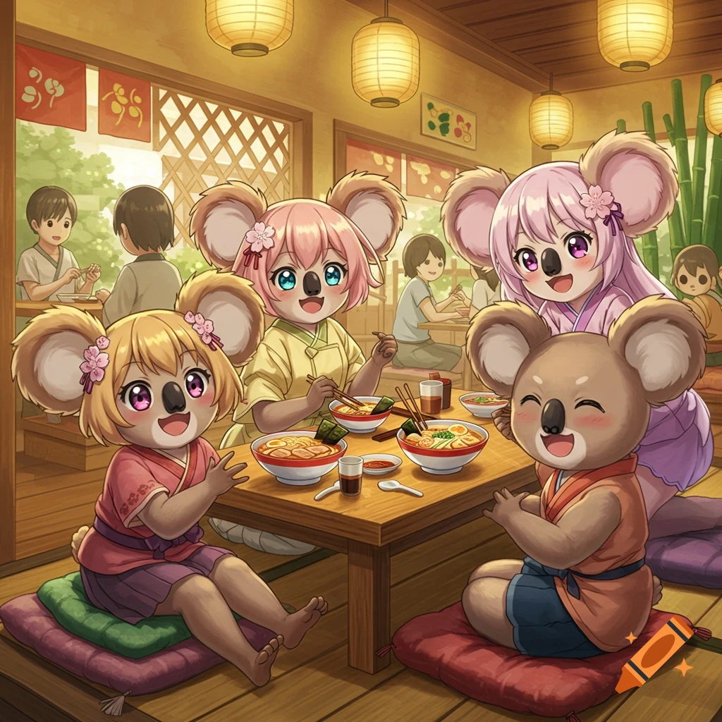 Four anime koala girls with colorful hair and outfits sit at a table eating ramen in a Japanese restaurant.