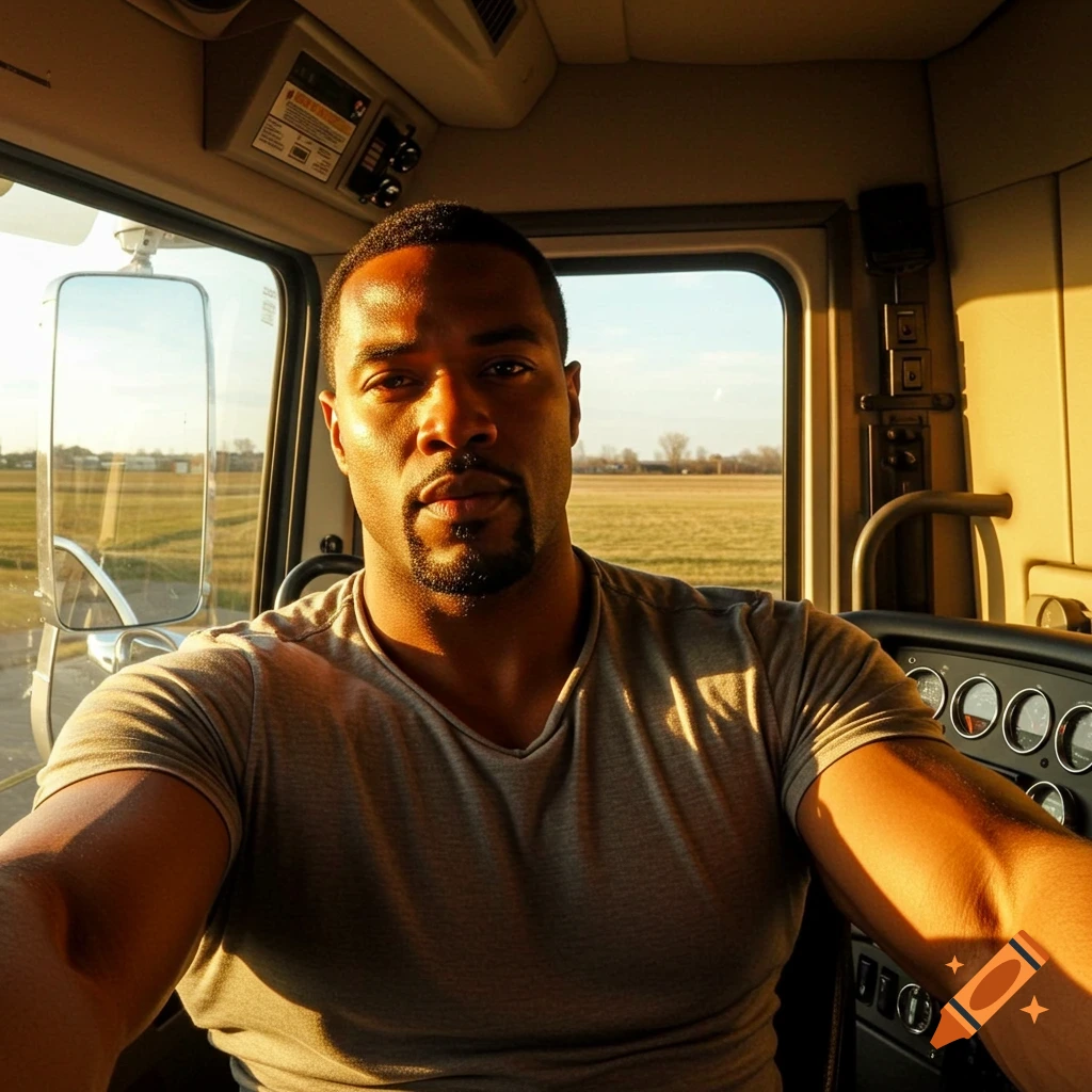 A muscular Black American man with a goatee takes a selfie in a semi-truck cab, sunlight streaming through the window.
