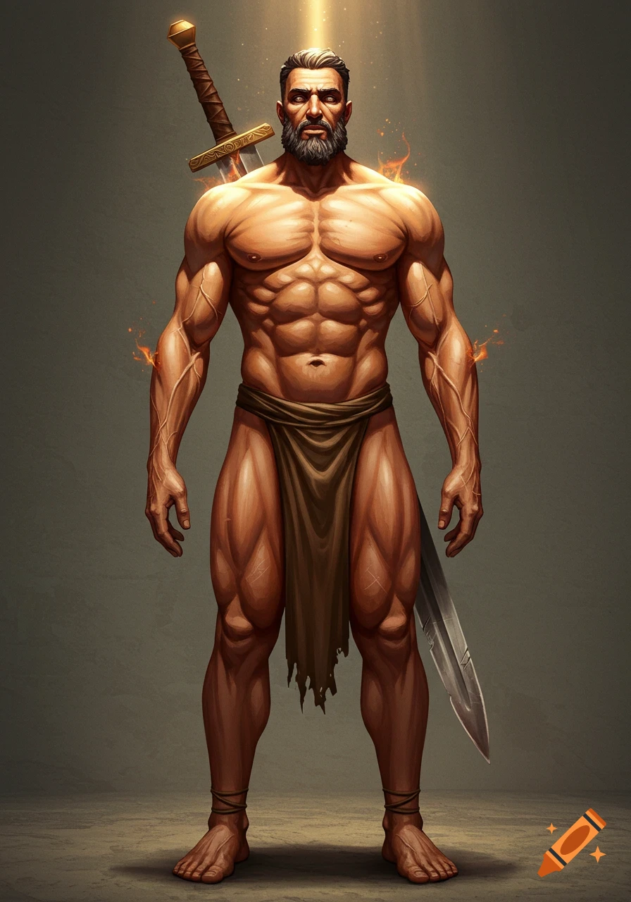 A highly muscular, bearded man wearing a loincloth stands with a sword on his back, bathed in golden light and fiery accents.