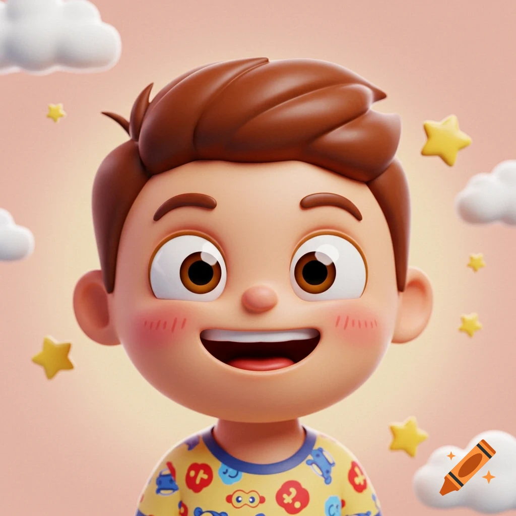 Close-up of a happy 3D rendered cartoon boy with brown hair, big eyes, rosy cheeks, and a patterned yellow shirt, surrounded by clouds and stars.