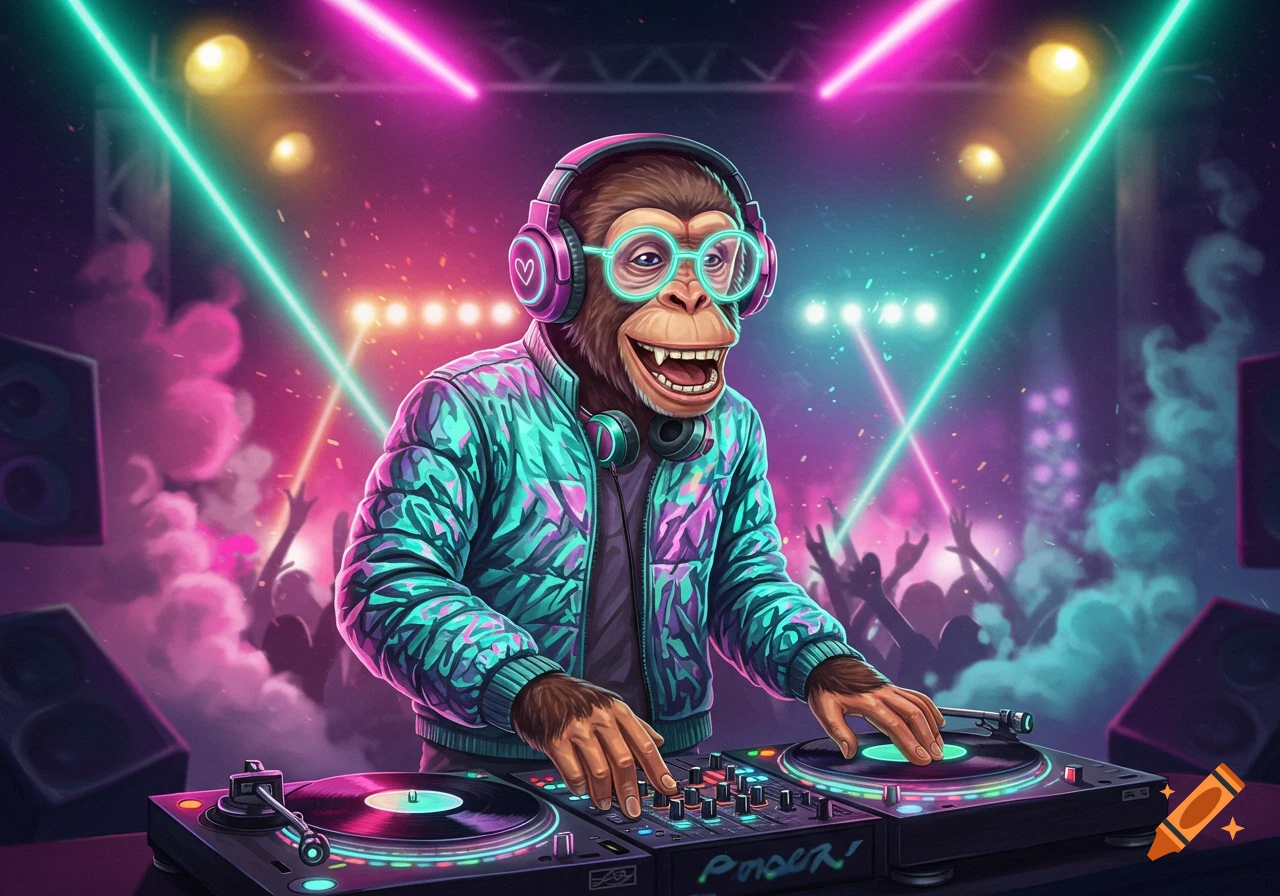 A cartoonish monkey DJ wearing headphones and glasses spins records at a vibrant neon party.