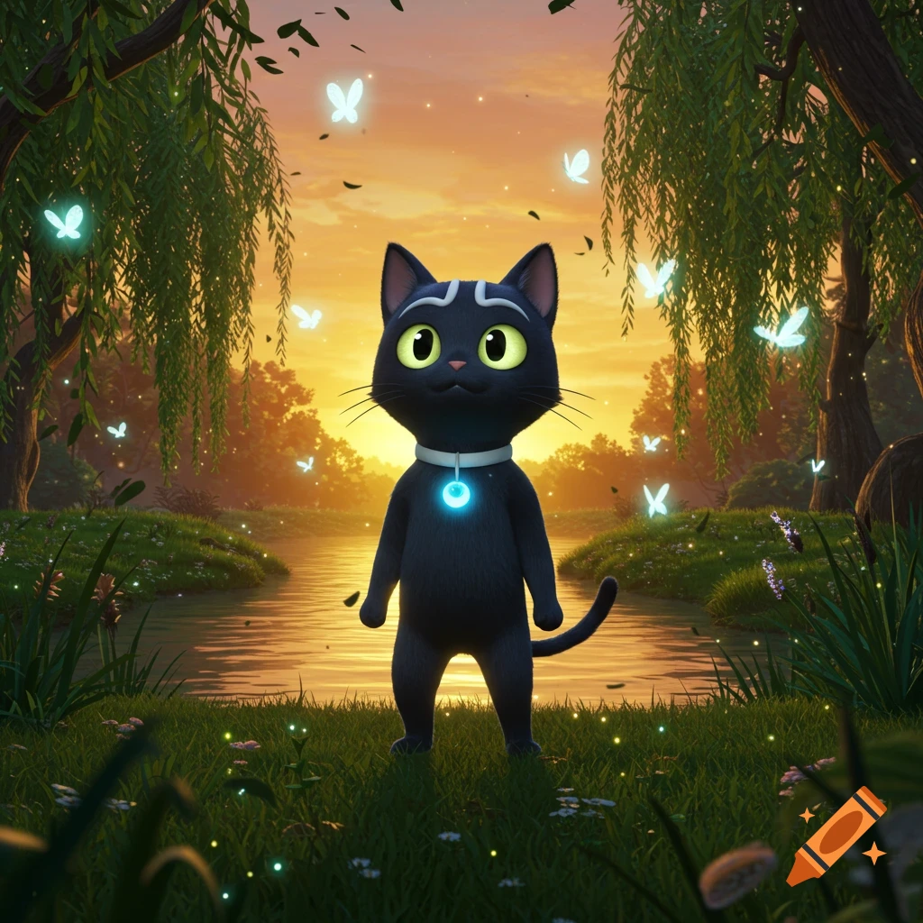 A black cartoon cat with large yellow eyes and a glowing blue pendant stands in a magical forest with glowing butterflies at sunset.
