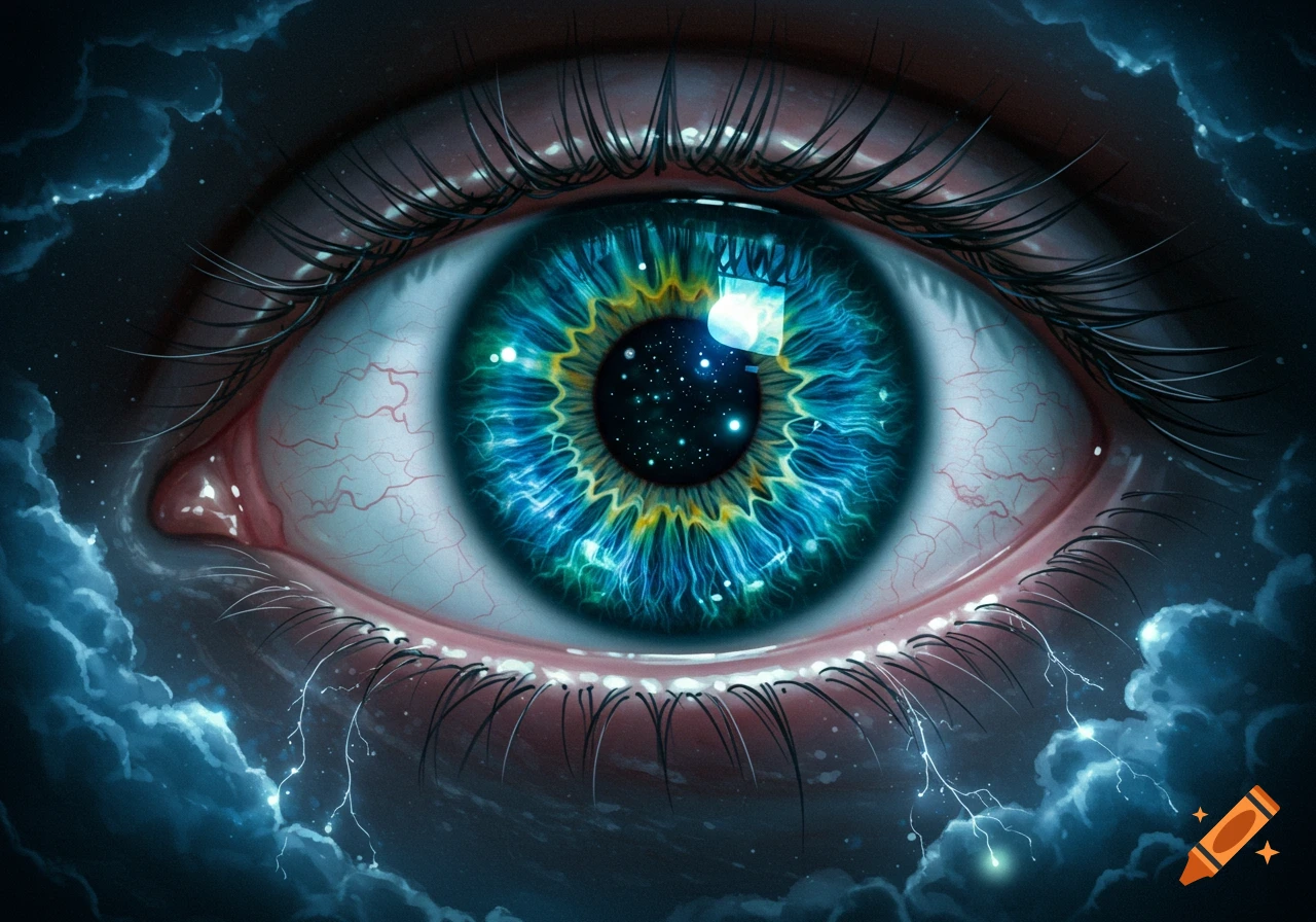 A detailed, surreal close-up of a blue and green eye with a starry galaxy in its pupil, surrounded by storm clouds and lightning.