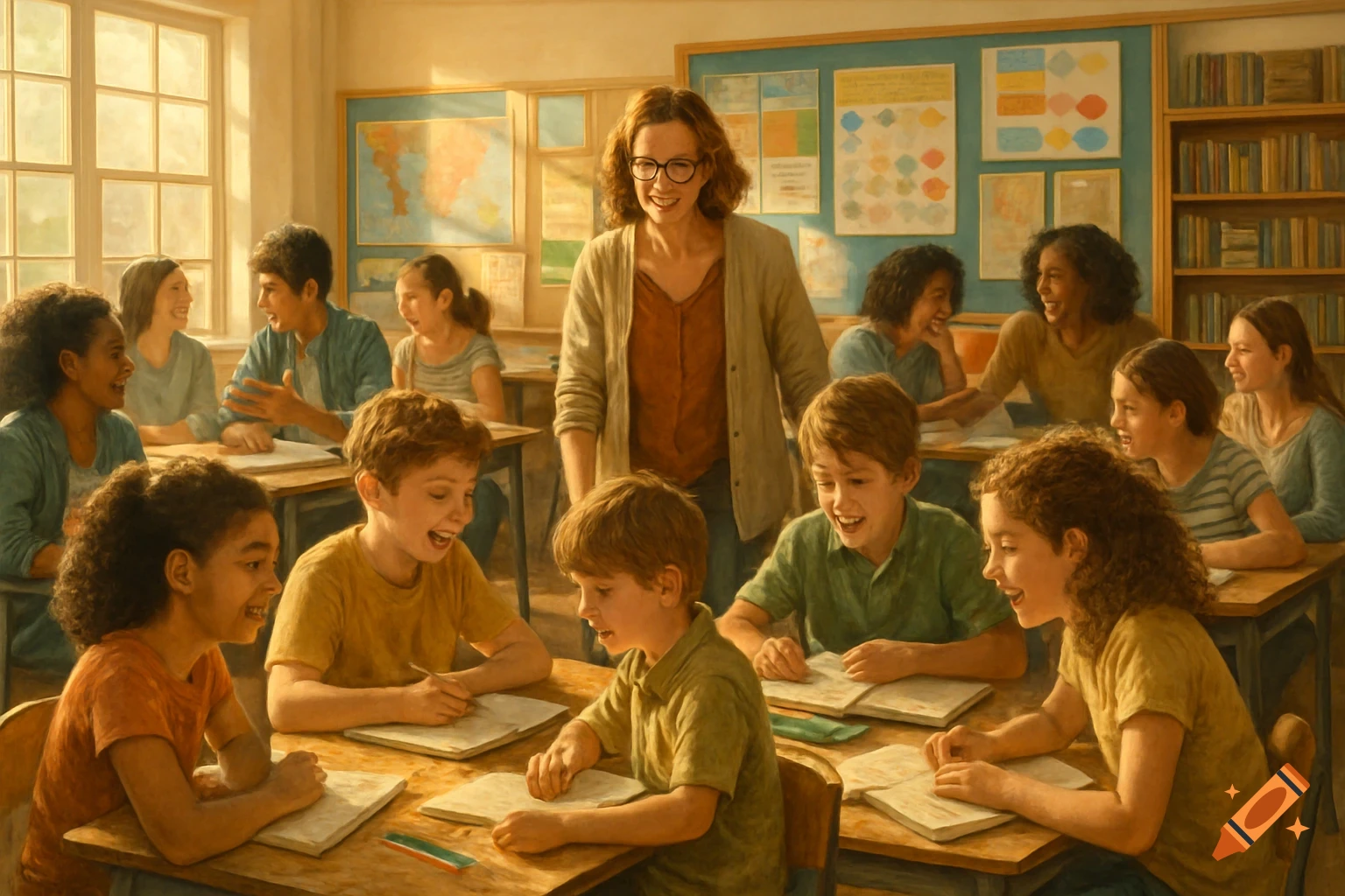 A lively, sunlit classroom scene with a diverse group of children and a teacher happily collaborating and engaging in learning activities around wooden desks.