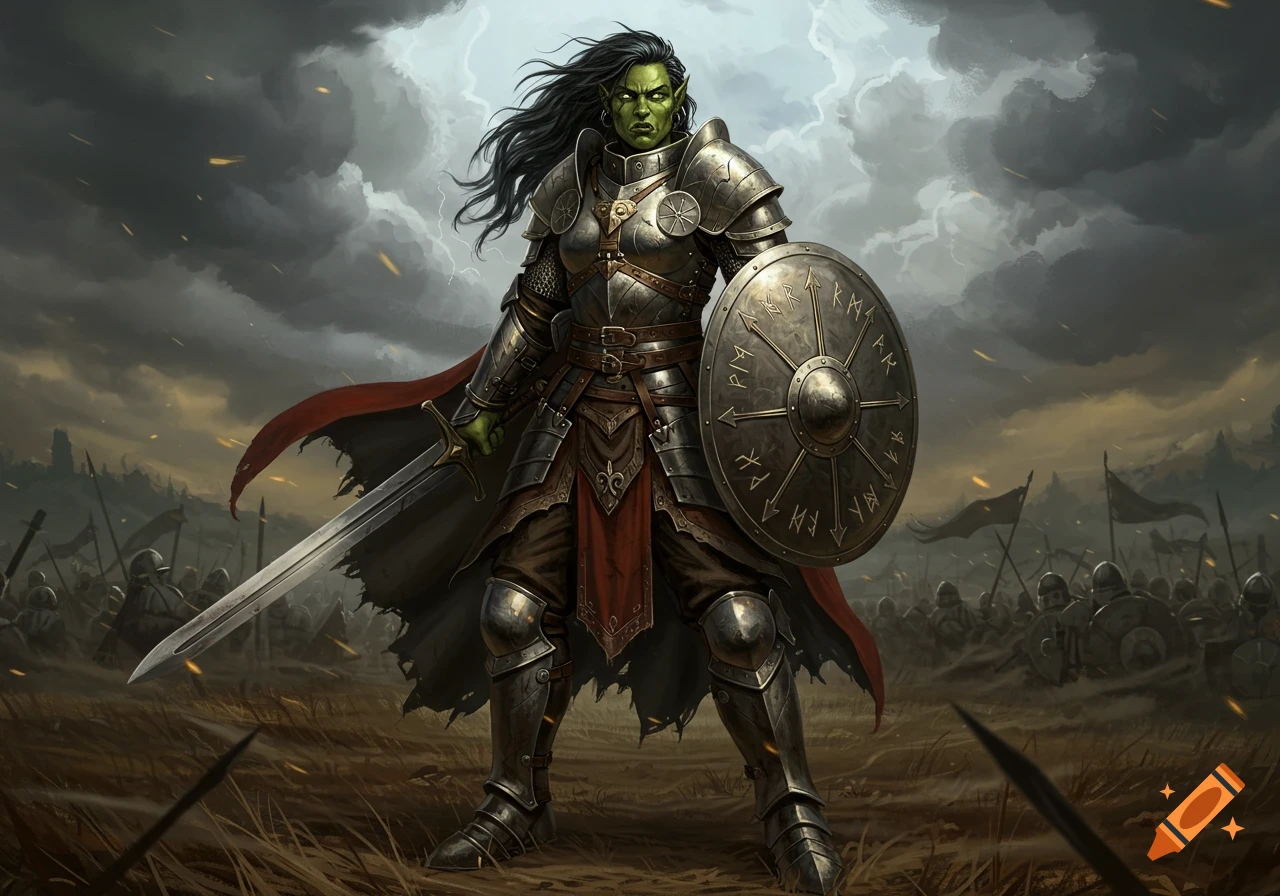 A female half-orc warrior in full plate armor stands with a sword and a runic round shield on a stormy battlefield.