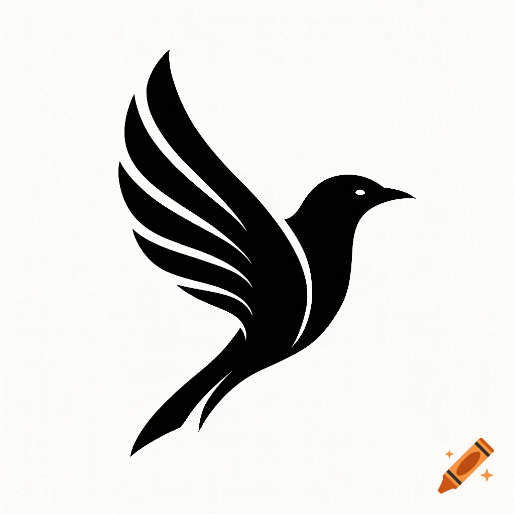 Minimalist black bird silhouette with spread wings against a white background.