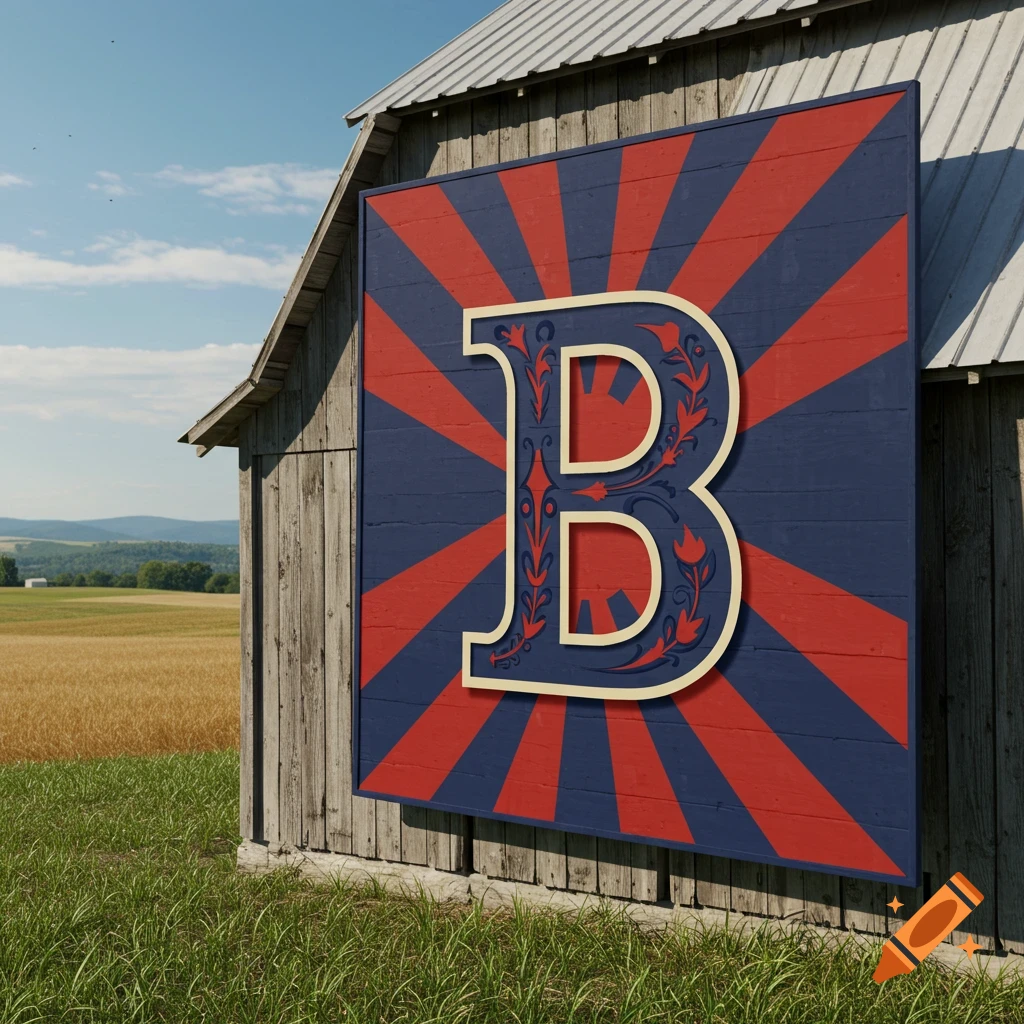 A decorative barn quilt with a stylized letter 'B' in red, white, and blue, mounted on a rustic wooden barn in a rural field.