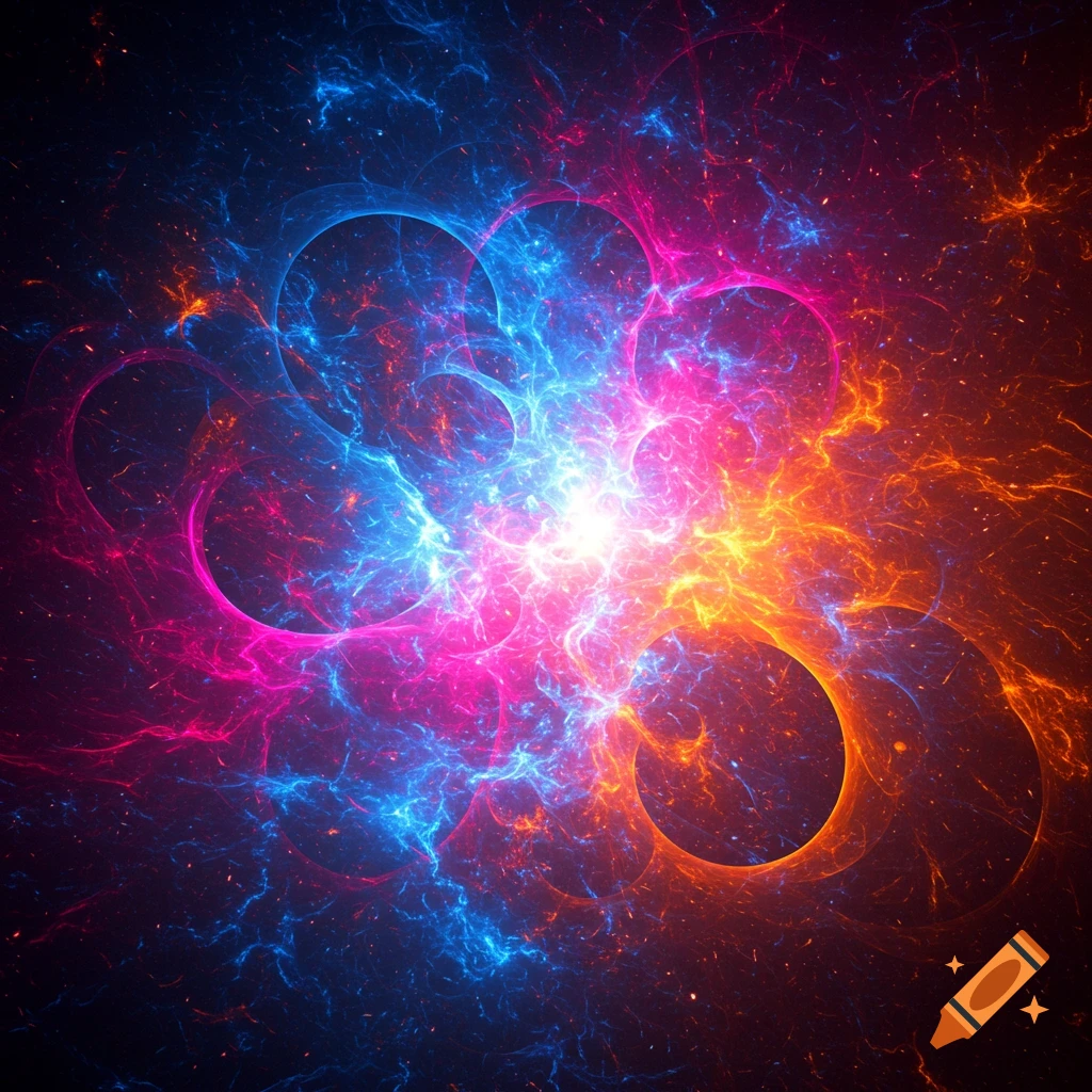 Vibrant abstract digital art featuring glowing blue, pink, and orange fractal-like patterns and rings, emanating from a bright white core.