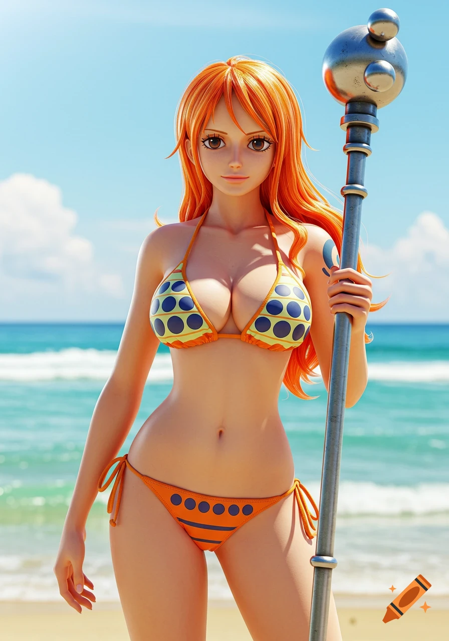 Anime character Nami from One Piece on a sunny beach, wearing an orange and yellow polka-dot bikini and holding her staff weapon.