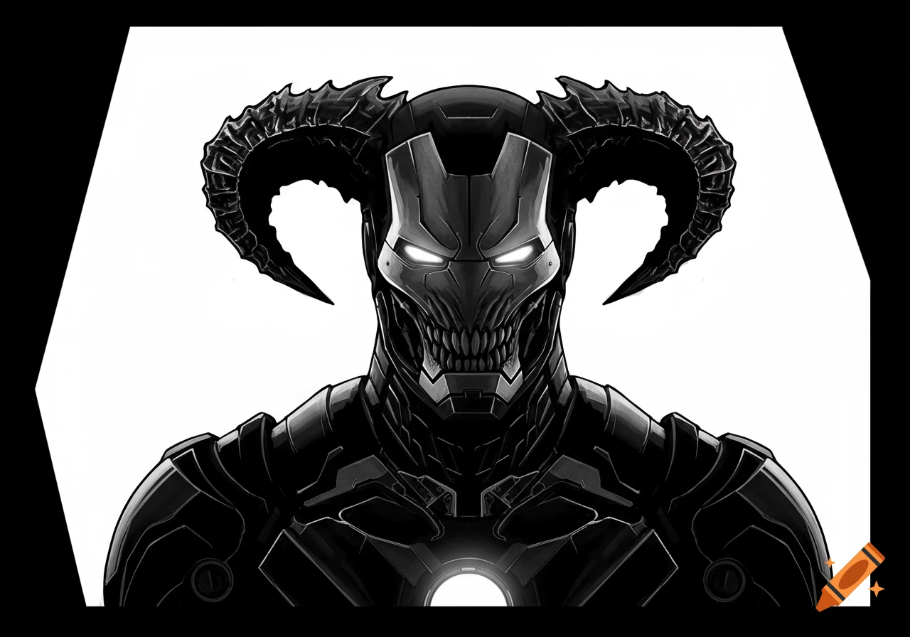 A black and white demonic Iron Man suit with horns, glowing eyes, and a chest arc reactor.