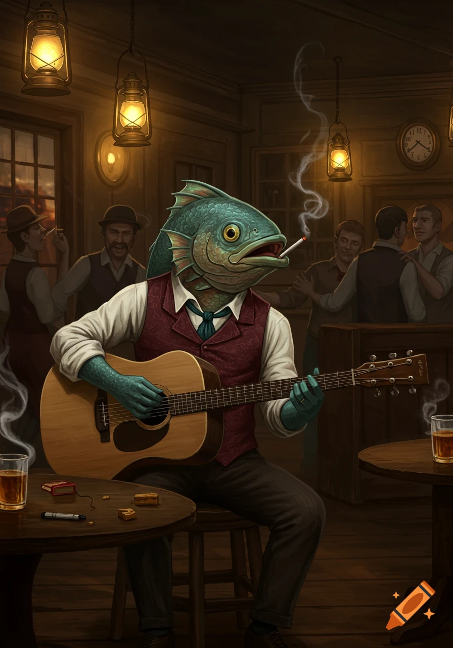 An anthropomorphic fish-headed man with a cigarette plays an acoustic guitar in a dimly lit, cozy pub.