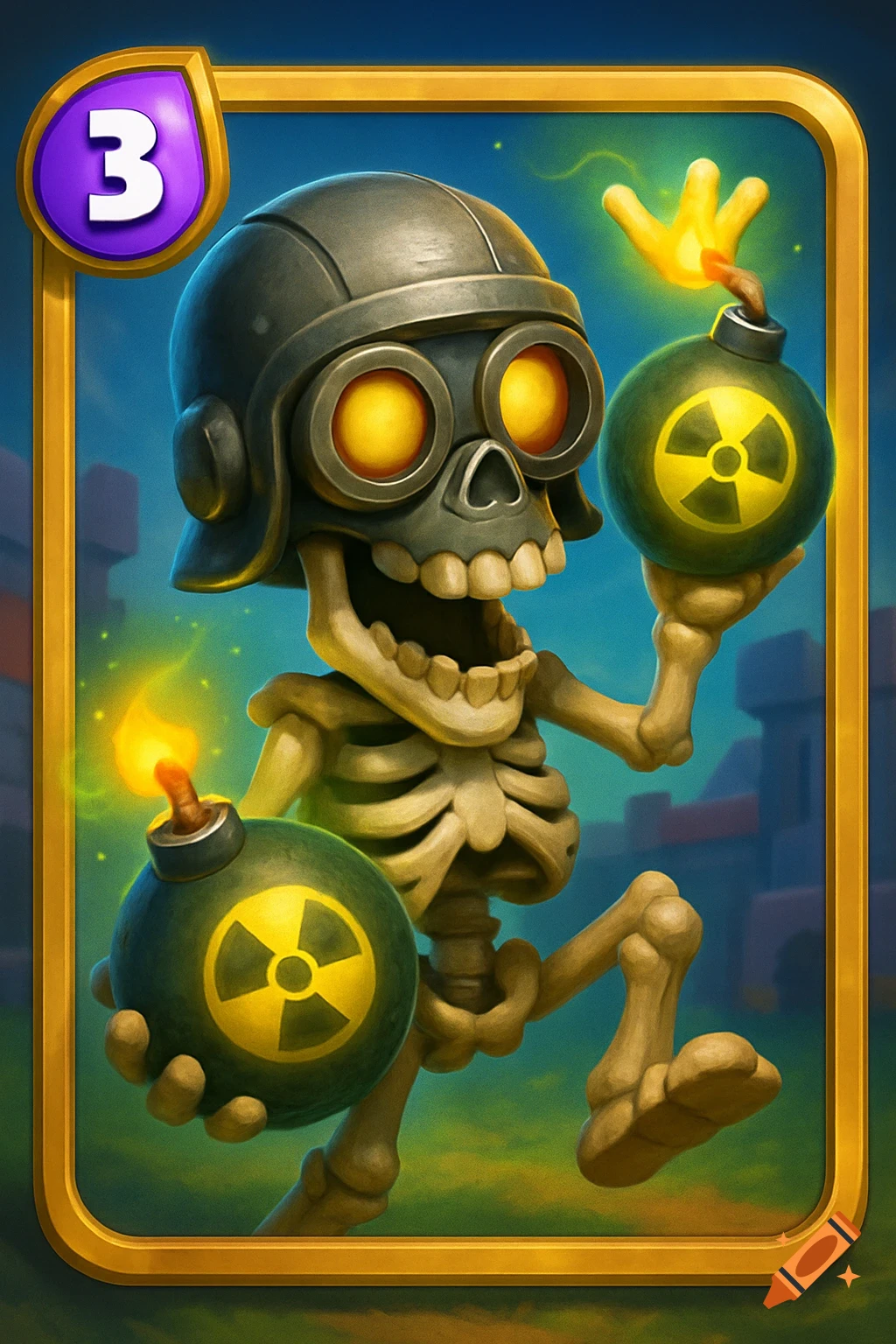 A stylized skeleton in a gas mask helmet juggles glowing bombs with nuclear symbols, on an epic game card with a purple '3' elixir cost.