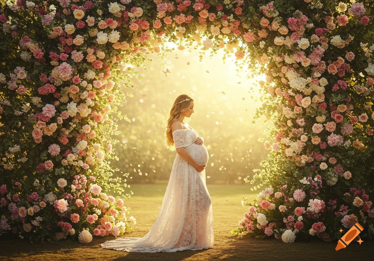 A pregnant woman in a white lace dress stands under a vibrant floral archway with pink and white roses, bathed in warm sunlight.