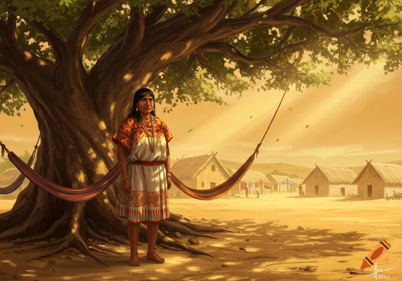 Digital painting of an indigenous woman in traditional attire standing under a large tree in a sunny village with thatched huts.
