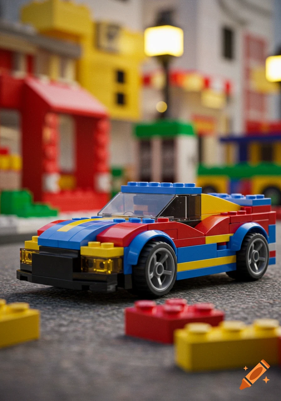 A colorful red, blue, and yellow Lego car parked on a gray surface with blurry Lego buildings in the background.