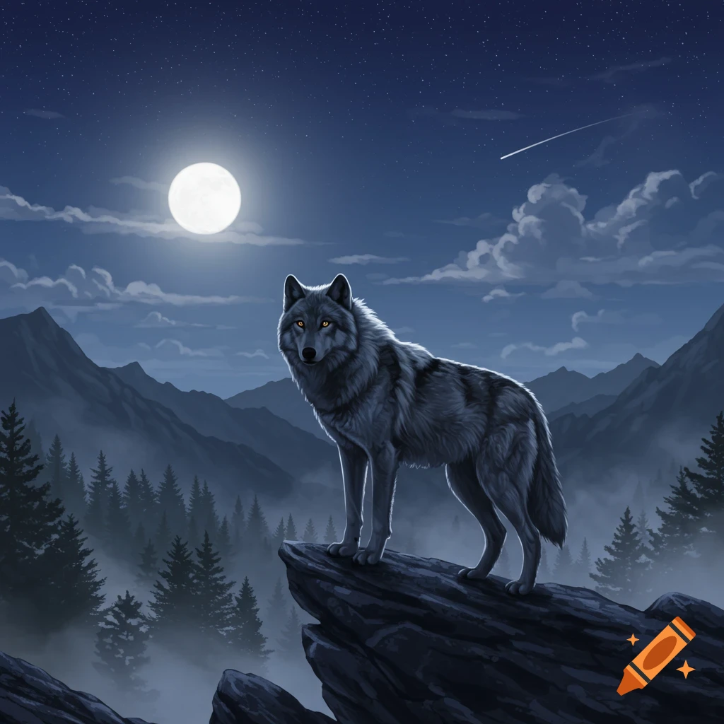 A gray wolf with glowing yellow eyes stands on a rocky peak under a full moon and starry night sky in a mountain forest.
