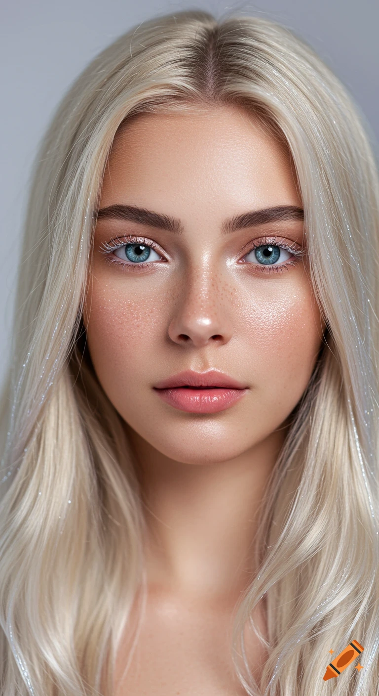 Photorealistic close-up portrait of a young woman with long blonde hair, blue eyes, light freckles, and soft makeup.