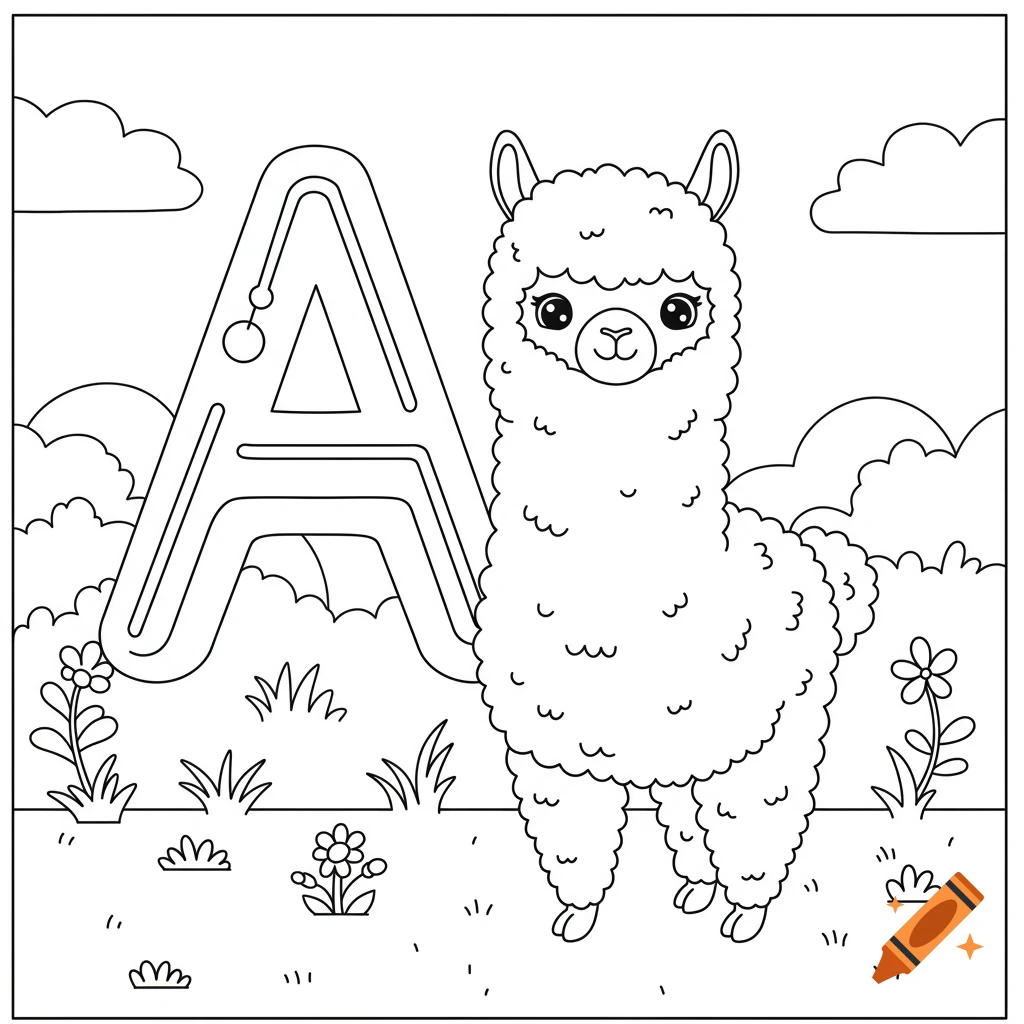 A black and white coloring page for children featuring a large letter A next to a cute alpaca in a field with flowers and clouds.