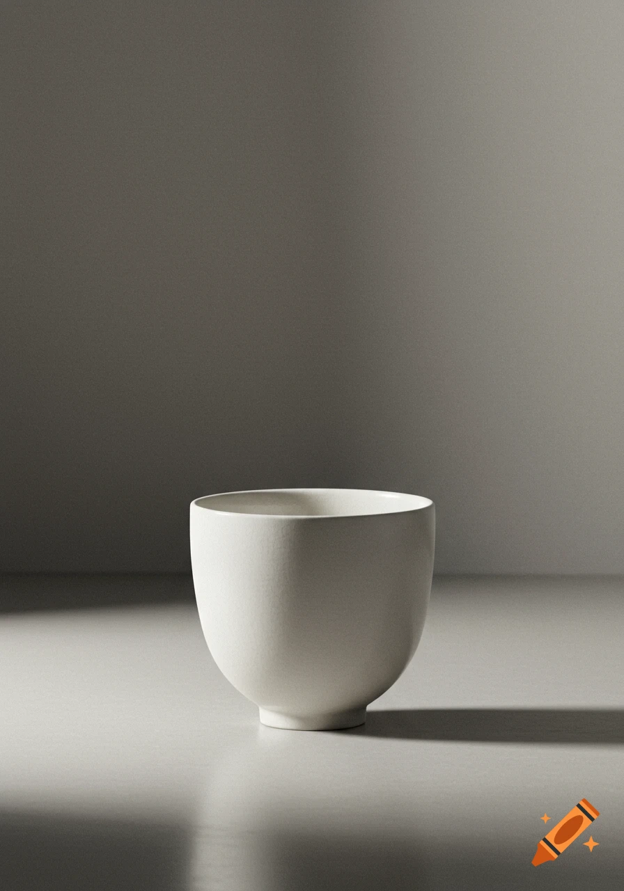 A minimalist studio shot of a white ceramic bowl on a light grey surface against a darker grey background.