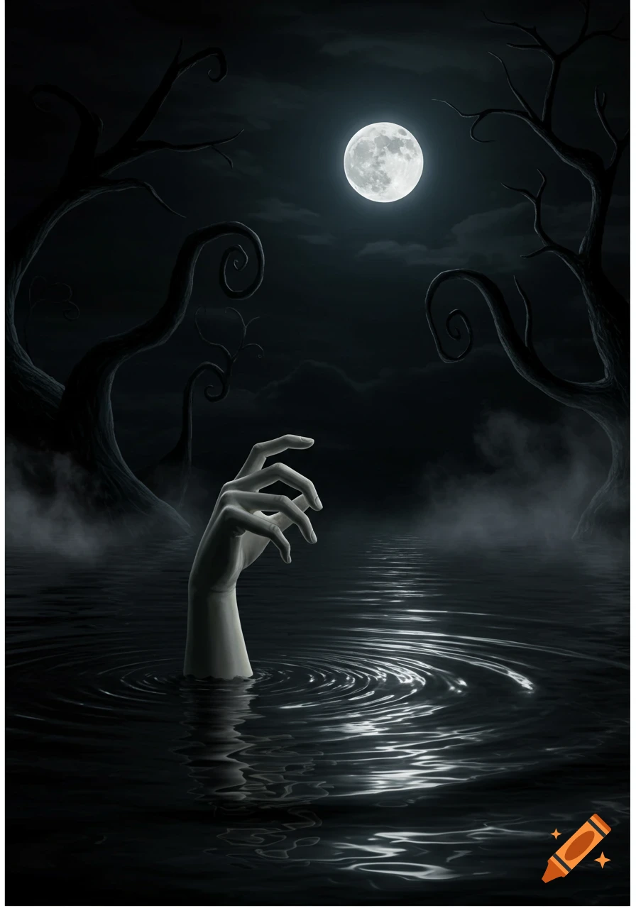 A pale hand emerges from dark, rippling water under a full moon, framed by twisted trees and mist in a gothic, surreal night scene.