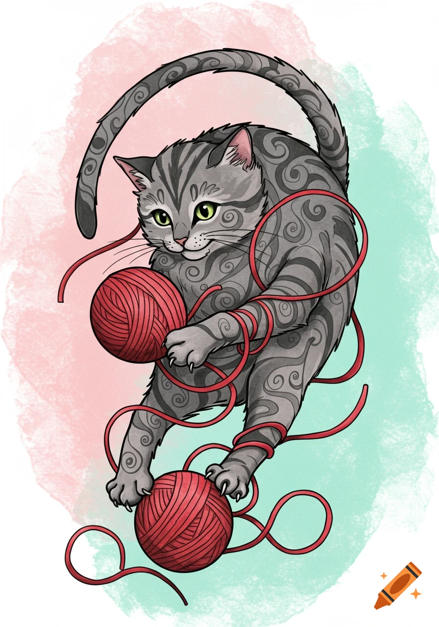 Stylized illustration of a grey tabby cat with intricate fur patterns playing with red yarn, set against a pink and teal watercolor background.
