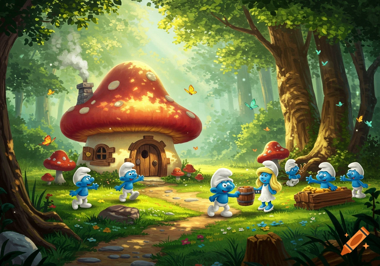Cartoon illustration of Smurfs in a sunny forest clearing with a mushroom house, interacting and carrying a barrel.