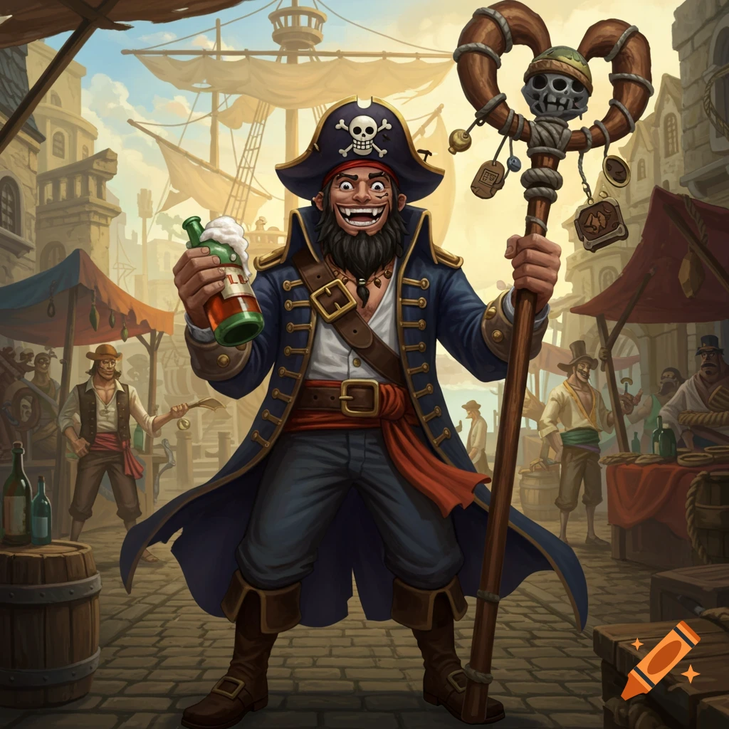 A cheerful, cartoonish pirate with a beard holds a bottle of booze and a staff in a lively port scene with ships and market stalls.