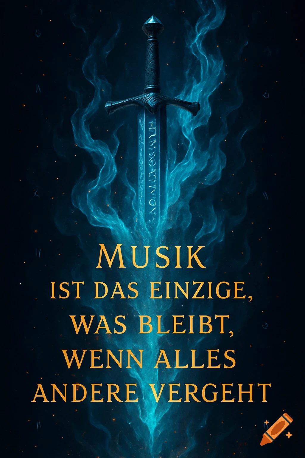 A powerful, ancient sword engulfed in swirling blue flames, with a German quote in golden text.