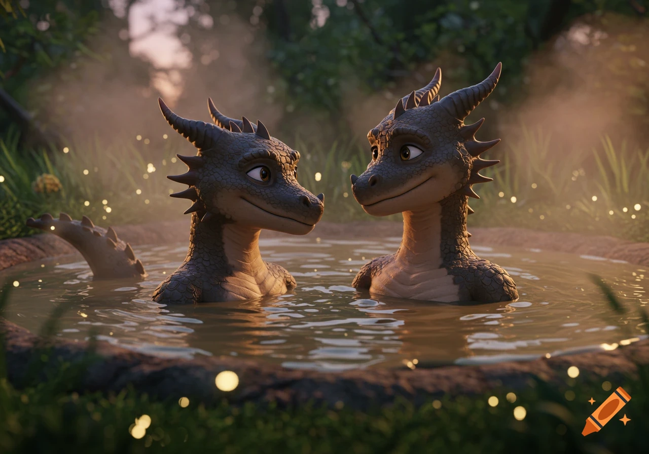 Two cartoon dragons with horns smile at each other while relaxing in a muddy hot tub in a lush, softly lit 3D animated scene.