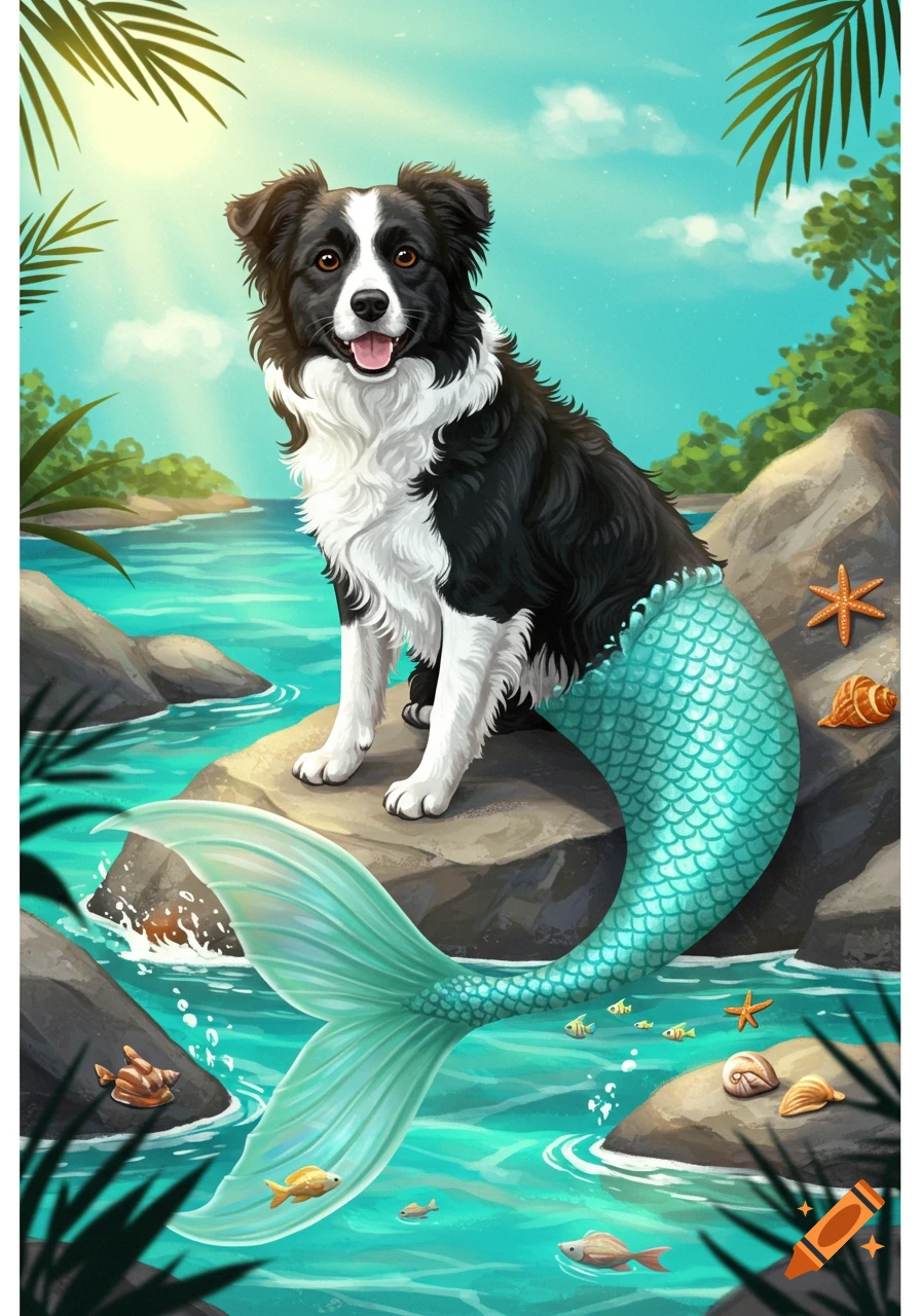 Illustration of a smiling Border Collie with a mermaid tail on a rock in tropical turquoise water.