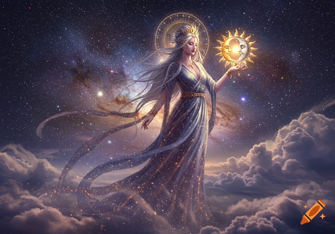 A goddess with flowing white hair and a shimmering dress stands among clouds in space, holding a glowing sun and moon artifact.