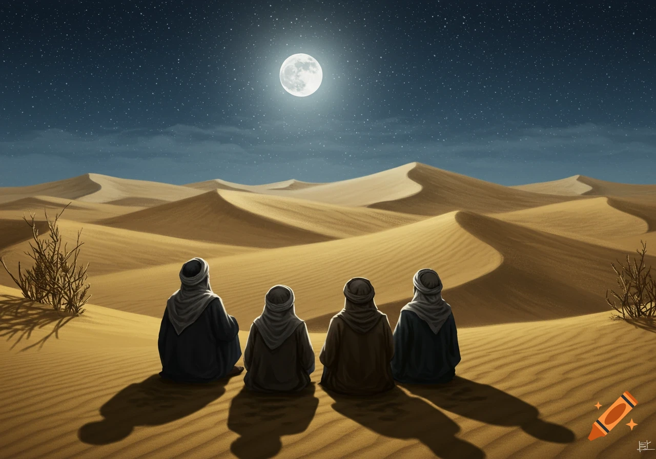 Four robed figures sit facing away, looking at a bright full moon in a starry desert night scene.