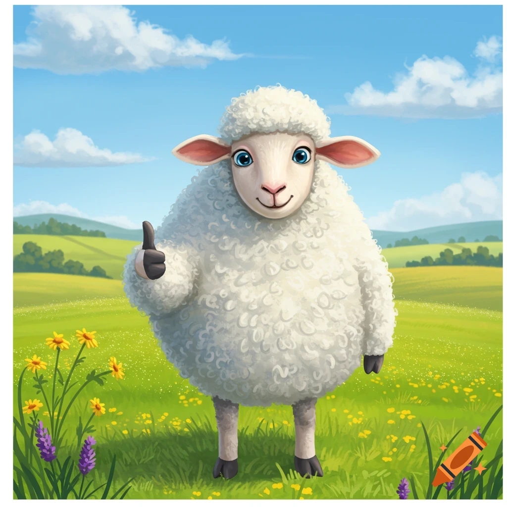 A friendly cartoon sheep with blue eyes gives a thumbs-up in a vibrant green field under a blue sky.