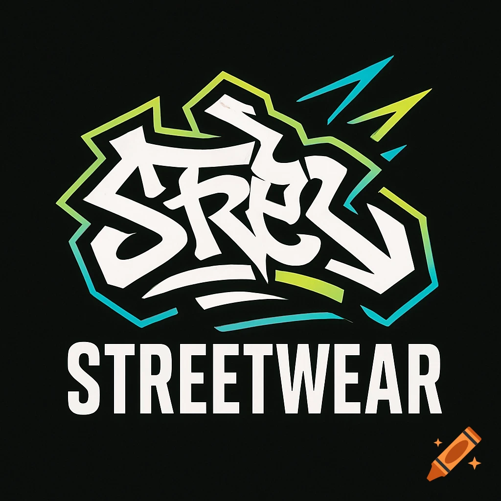 A streetwear logo with stylized white 'STREET' graffiti text outlined in green and blue above white 'STREETWEAR' text on a black background.