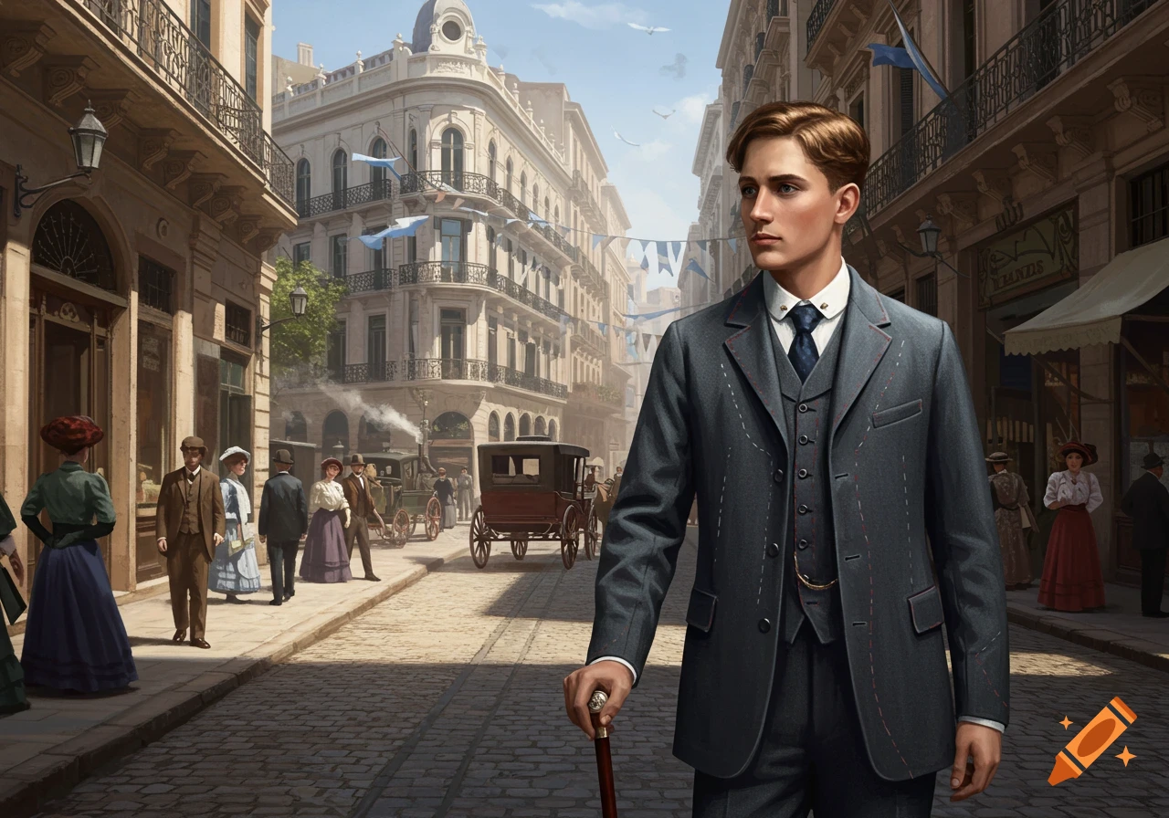 A young man in a grey three-piece suit and tie walks down a cobblestone street, holding a cane, in a bustling historical city.