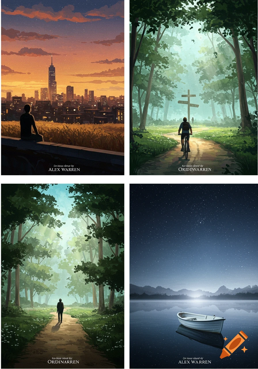 Four stylized illustrations: a person overlooking a city at sunset, a biker on a forest path, a walker on a forest path, and a boat on a starlit lake.