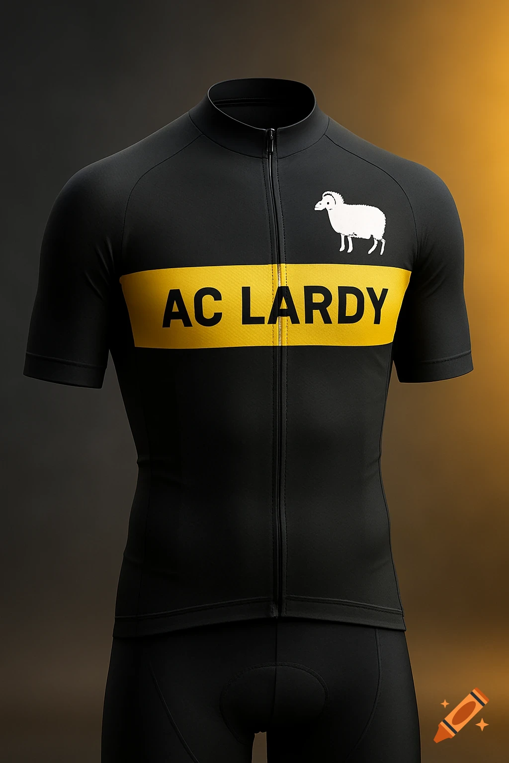 A black cycling jersey with a yellow horizontal stripe across the chest, featuring the text AC LARDY and a white sheep logo.
