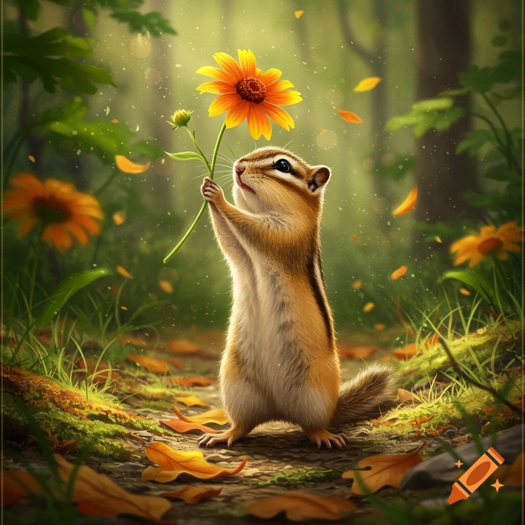 A cute chipmunk stands upright in a lush forest, holding a bright yellow flower with green leaves, surrounded by fallen autumn leaves.