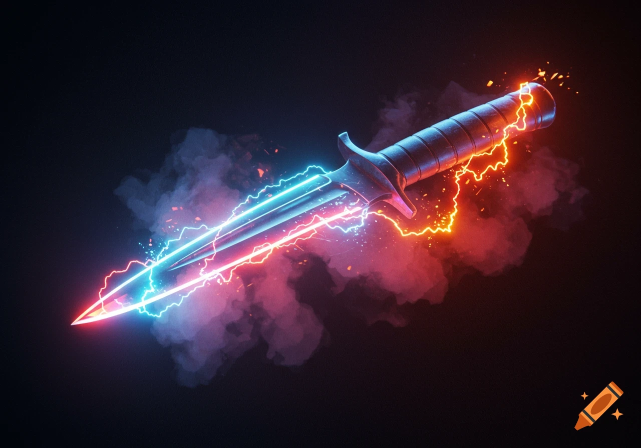 A dagger with a dark handle and silver blade, emitting bright blue and red electrical energy and smoke on a dark background.