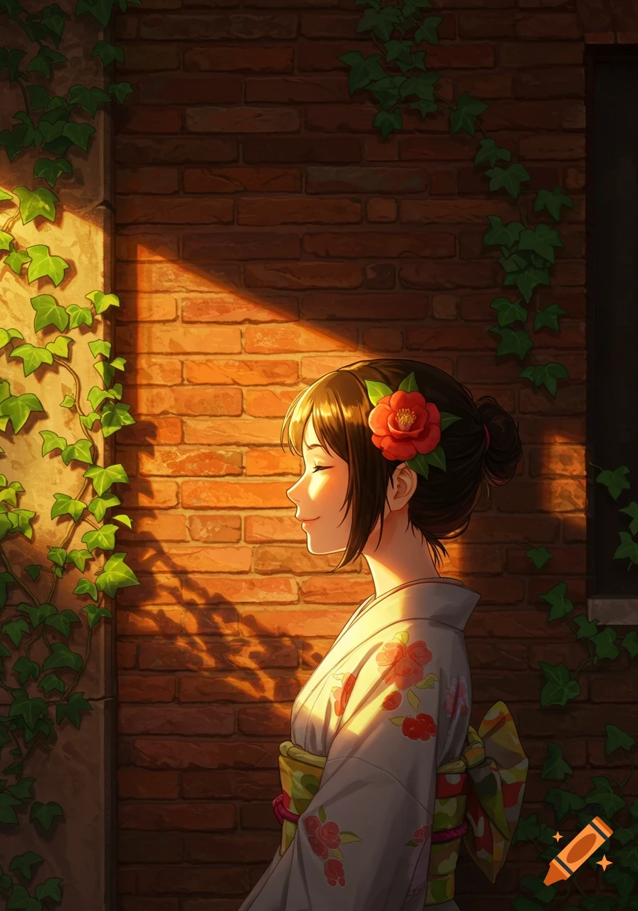 Anime illustration of a Japanese woman in a kimono with a red flower in her hair, smiling by a sunlit brick wall with ivy.