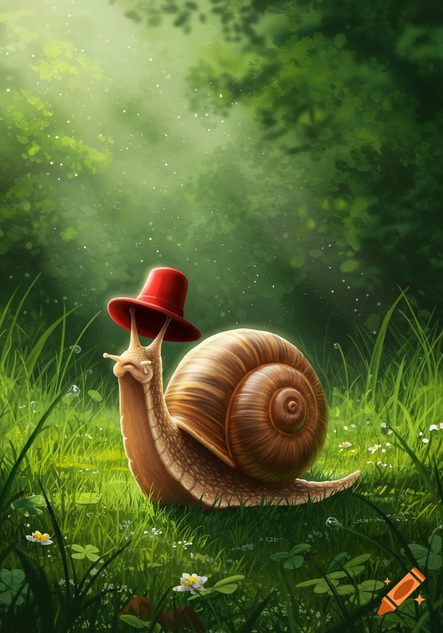 A charming illustration of a snail wearing a red hat, sitting in lush green grass with dappled sunlight through forest trees.