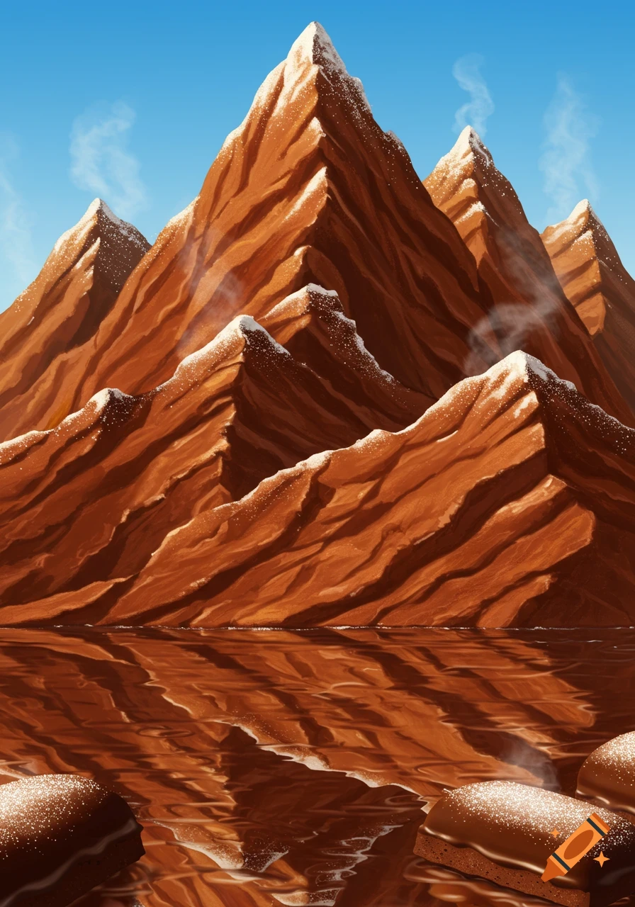 Stylized illustration of jagged chocolate mountains with powdered sugar caps, reflected in a molten chocolate lake with cake logs.