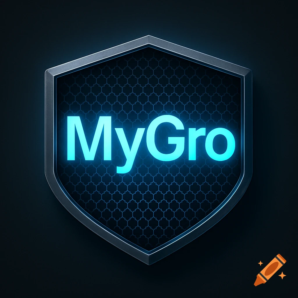 A glowing blue 'MyGro' logo on a dark metallic shield with a honeycomb pattern background, in a futuristic style.